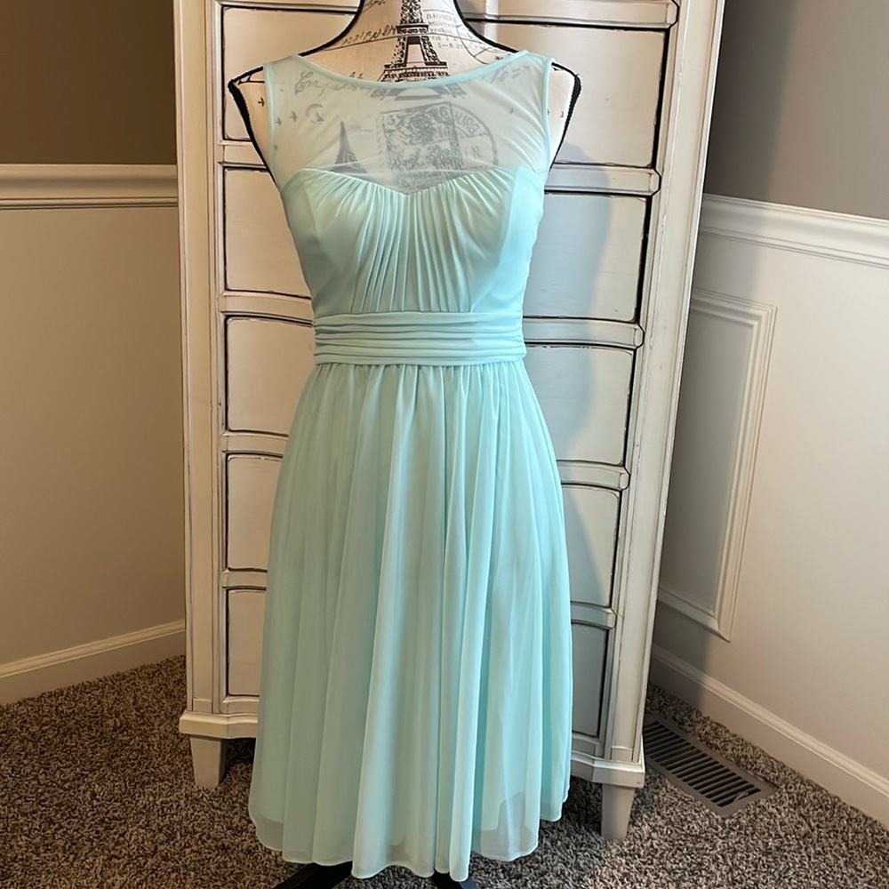 David’s Bridal mint green sleeveless dress.  Size 2